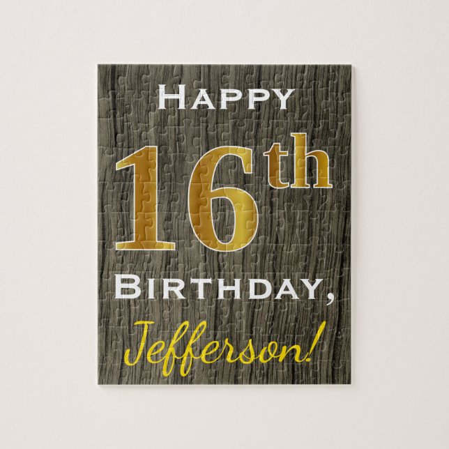 Puzzle Faux Wood, Faux Gold 16e anniversaire + Nom person (Vertical)