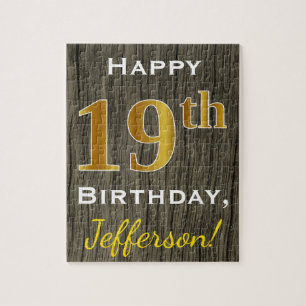 Puzzle Faux Wood, Faux Gold 19e anniversaire + Nom person