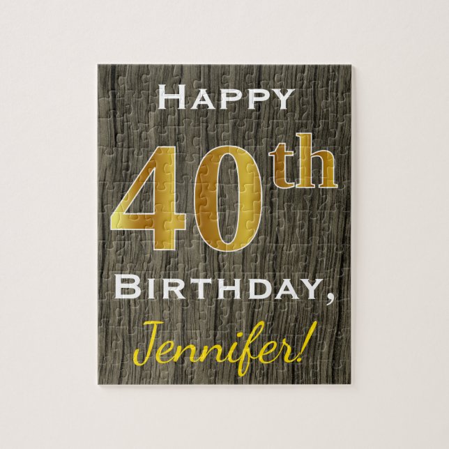 Puzzle Faux Wood, Faux Gold 40e anniversaire + Nom person (Vertical)