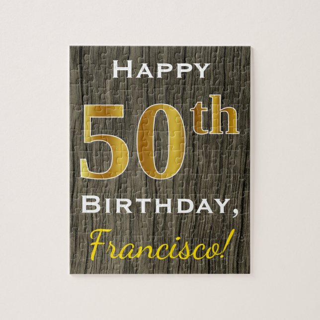 Puzzle Faux Wood, Faux Gold 50e anniversaire + Nom person (Vertical)