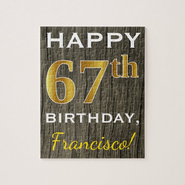 Puzzle Faux Wood, Faux Gold 67e anniversaire + Nom person (Vertical)