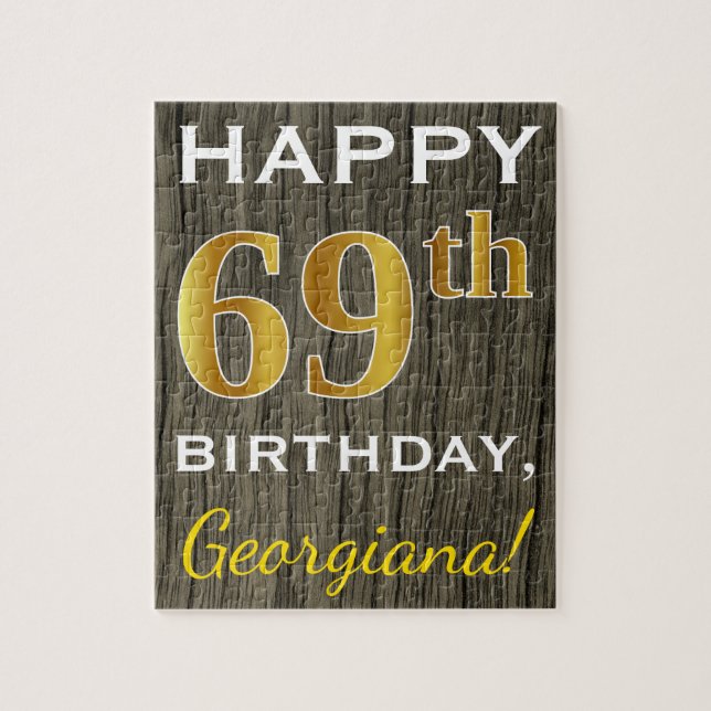 Puzzle Faux Wood, Faux Gold 69e anniversaire + Nom person (Vertical)