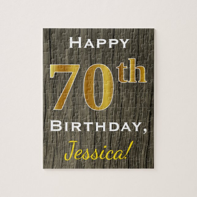 Puzzle Faux Wood, Faux Gold 70e anniversaire + Nom person (Vertical)