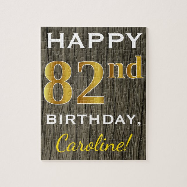 Puzzle Faux Wood, Faux Gold 82e anniversaire + Nom person (Vertical)