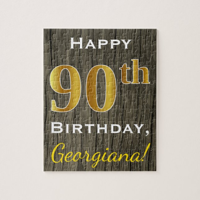 Puzzle Faux Wood, Faux Gold 90e anniversaire + Nom person (Vertical)
