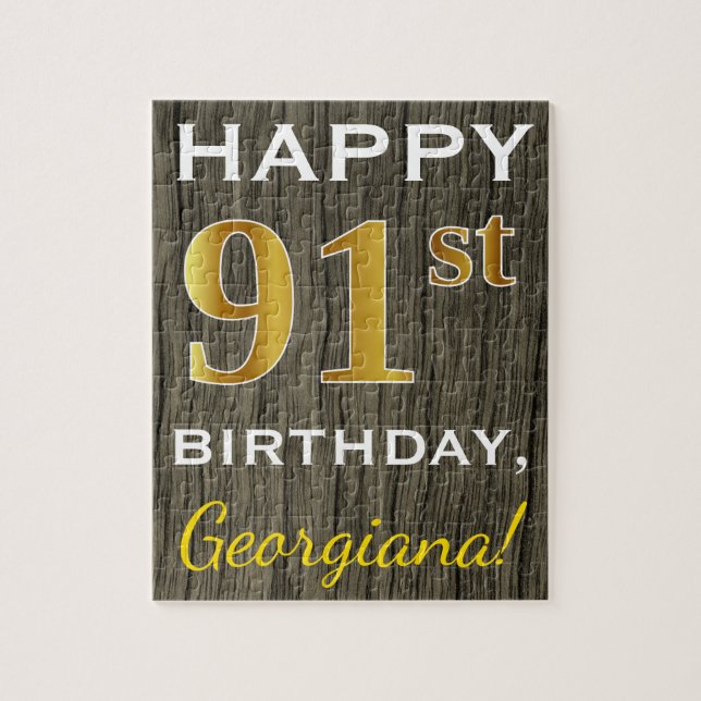 Puzzle Faux Wood, Faux Gold 91e anniversaire + Nom person (Vertical)