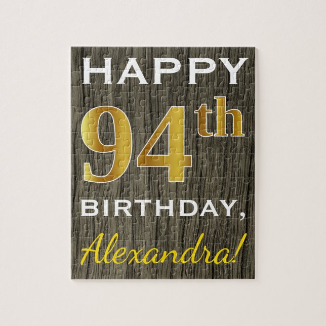 Puzzle Faux Wood, Faux Gold 94e anniversaire + Nom person (Vertical)