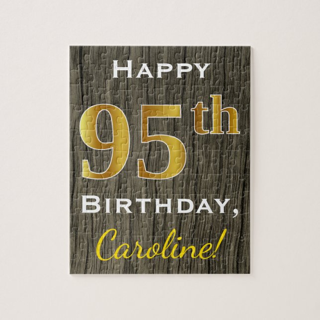 Puzzle Faux Wood, Faux Gold 95e anniversaire + Nom person (Vertical)