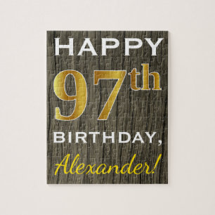 Puzzle Faux Wood, Faux Gold 97e anniversaire + Nom person