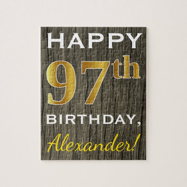 Puzzle Faux Wood, Faux Gold 97e anniversaire + Nom person (Vertical)