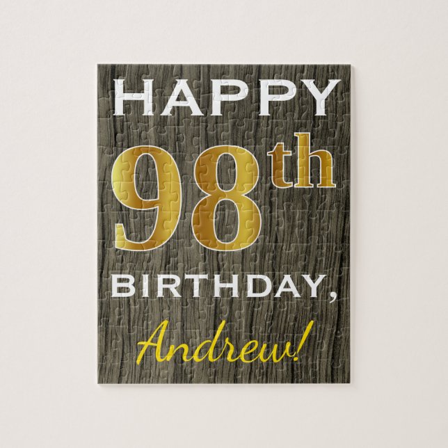 Puzzle Faux Wood, Faux Gold 98e anniversaire + Nom person (Vertical)