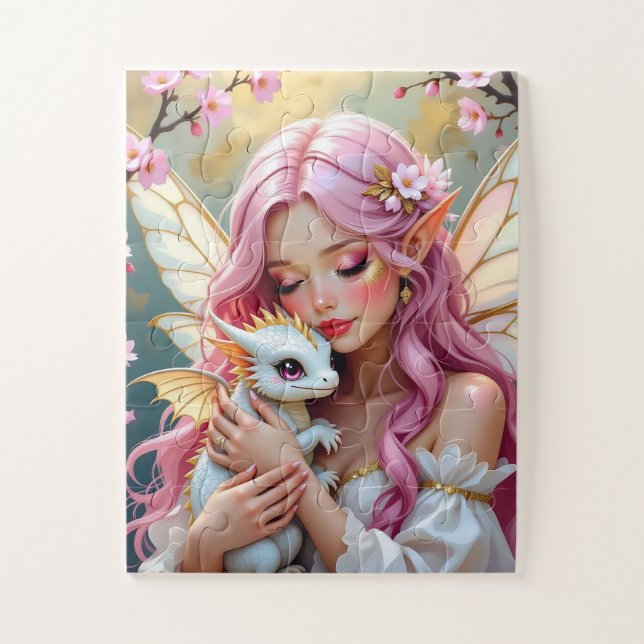 Puzzle Fée aux cheveux roses et bébé dragon blanc   (Vertical)