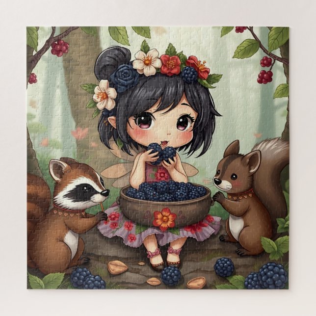 Puzzle Fée Chibi mangeant des mûres avec un ami de la for (Vertical)