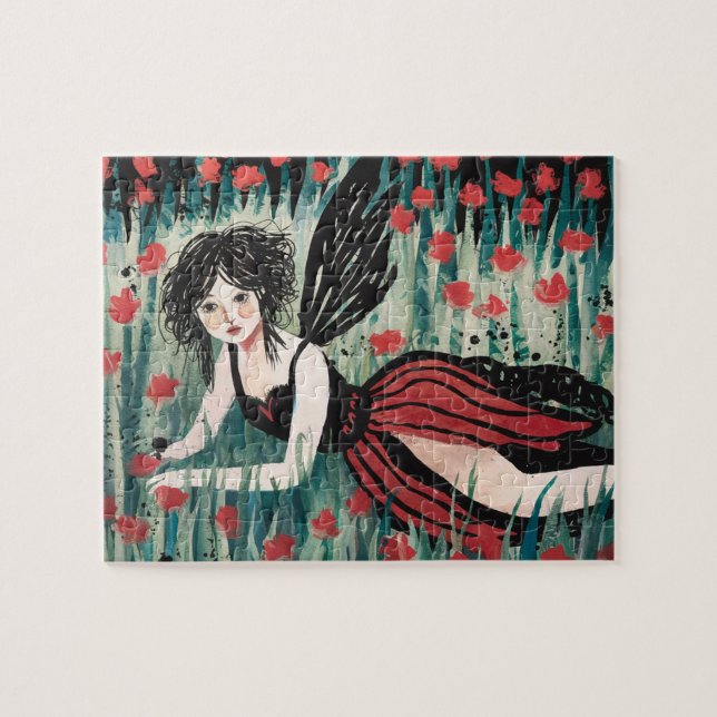 Puzzle Fée dans une aquarelle de prairie fleurie (Horizontal)