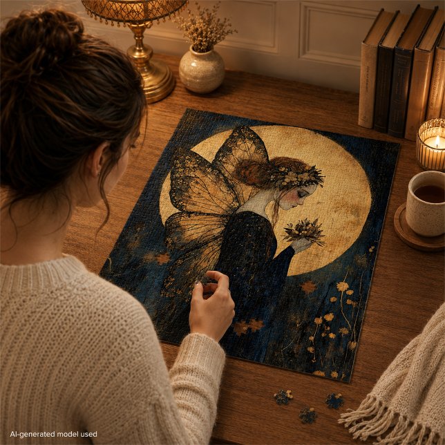 Puzzle Fée de Nuit Magique avec Fleurs sous Lune Dorée (Créateur téléchargé)