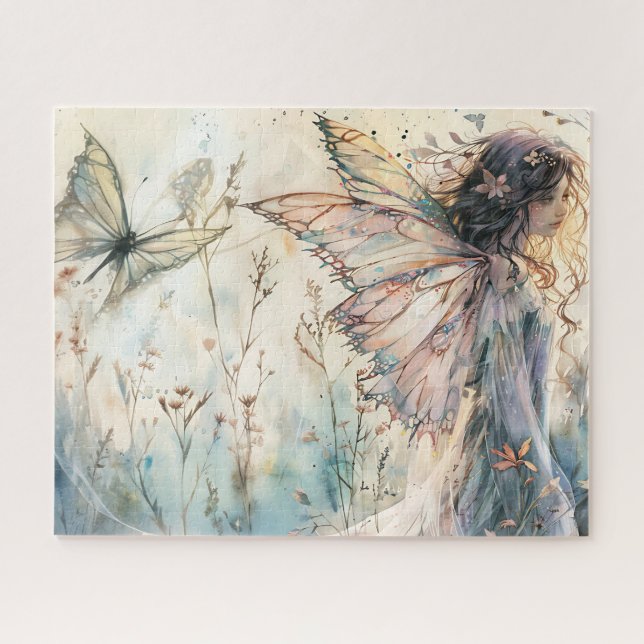 Puzzle Fée en Floral Pastel Meadow Avec Papillon (Horizontal)
