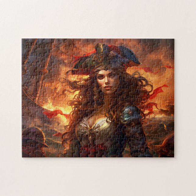Puzzle Female Pirate Before Burning Ship Fantasy Painting (Horizontal)