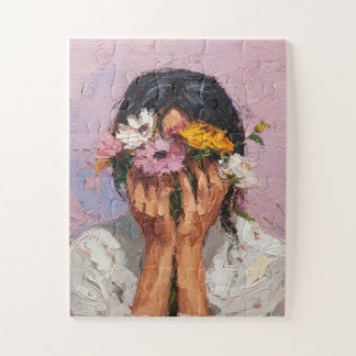 Puzzle Femme Abstraite Tenant une Fleur en Fleur et une F