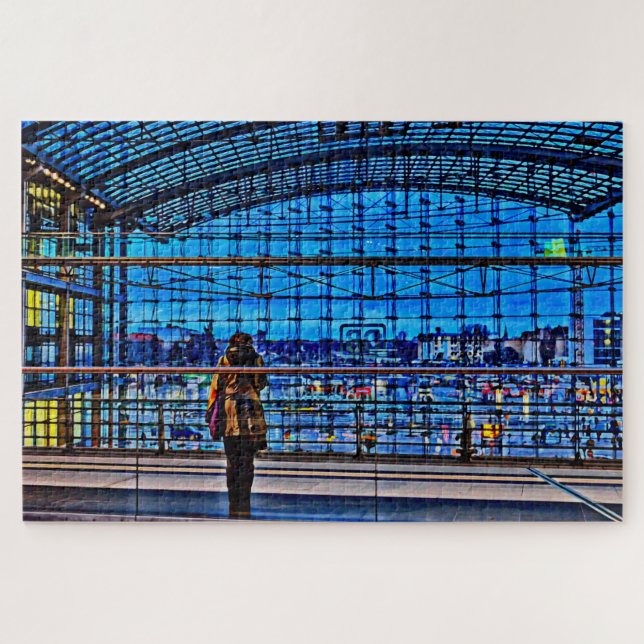 Puzzle Femme attendant un train à l'heure bleue (Horizontal)