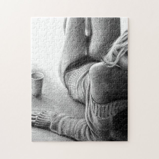 Puzzle Femme avec café matin Crayon dessin art (Vertical)
