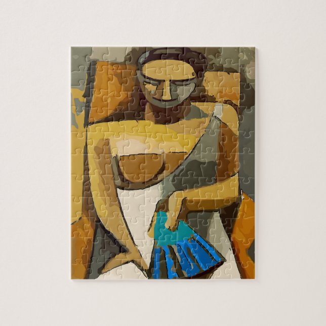 Puzzle Femme Avec Ventilateur Bleu, (Vertical)