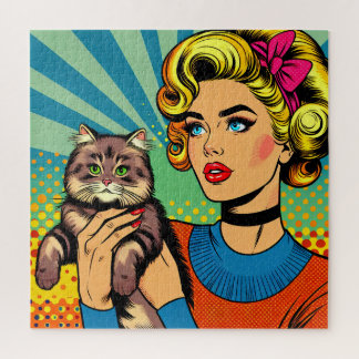 Puzzle Femme de l'art pop cartoonistique tenant un chat