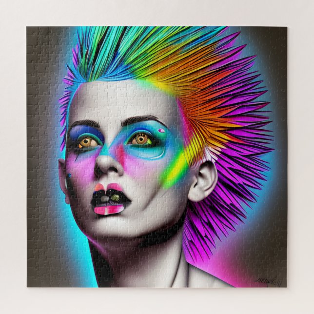 Puzzle Femme dystopique avec Rainbow Mohawk Ai Art (Vertical)