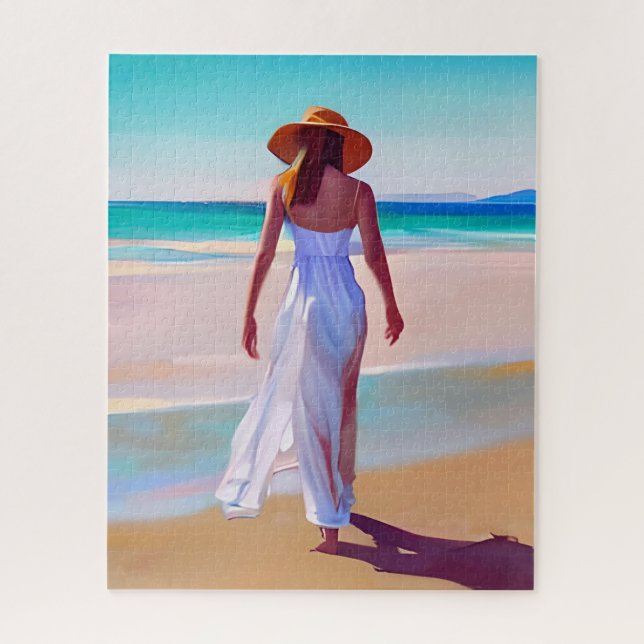Puzzle Femme en blanc sur la plage (Vertical)