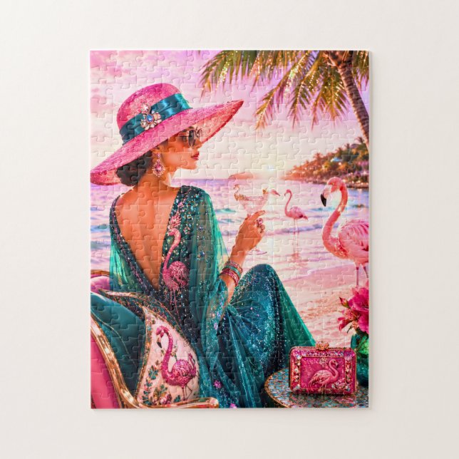 Puzzle Femme Glam Chic sur une Plage Tropicale Thème Flam (Vertical)