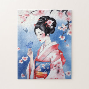 Puzzle Femme japonaise avec un papillon bleu