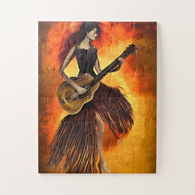 Puzzle Femme Jouer de la guitare rouge ciel Abstrait art  (Vertical)