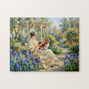 Puzzle Femme lisant dans un jardin avec un Cavalier King