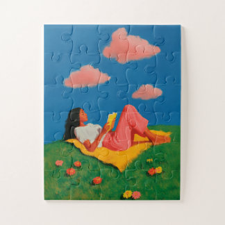 Puzzle Femme lisant sur une colline herbeuse
