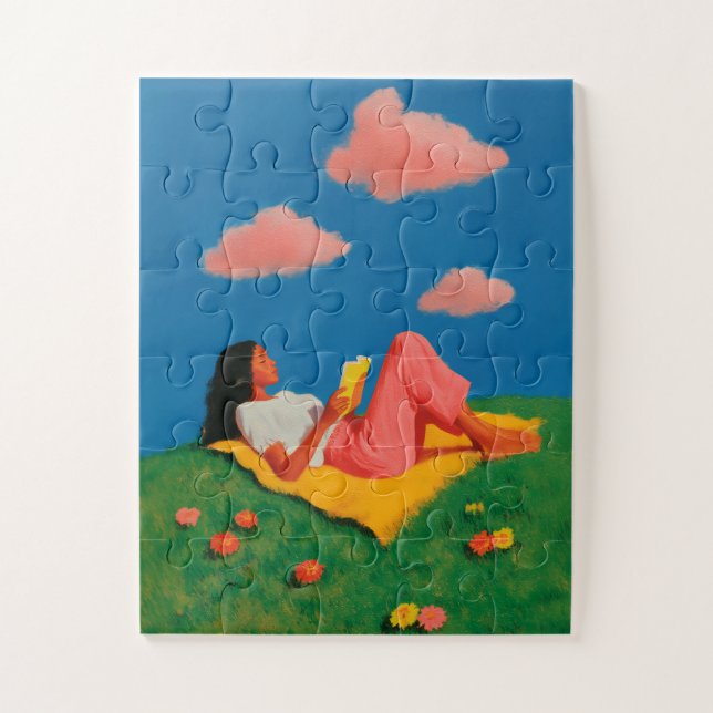 Puzzle Femme lisant sur une colline herbeuse (Vertical)