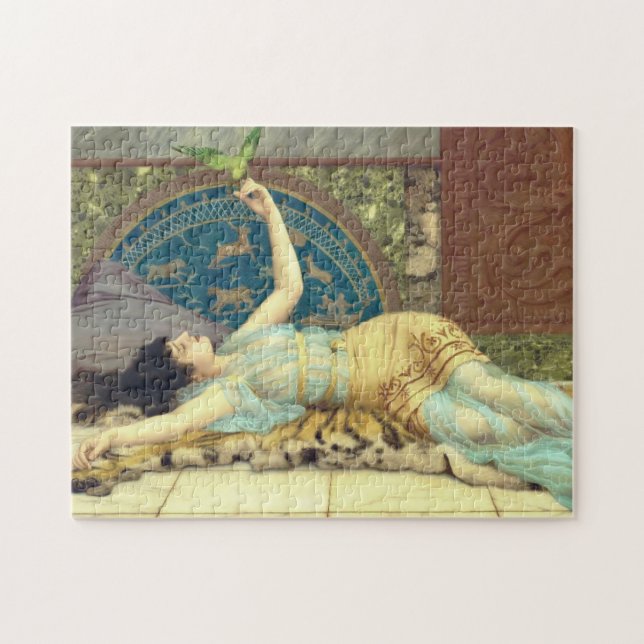 Puzzle Femme magnifique en bleu avec un oiseau vert (Horizontal)