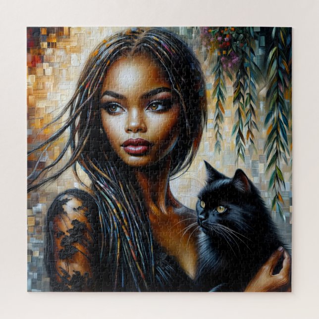 Puzzle Femme Noire Avec Art Chat Noir (Vertical)