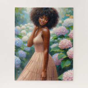 Puzzle Femme noire parmi les fleurs d'hortensia
