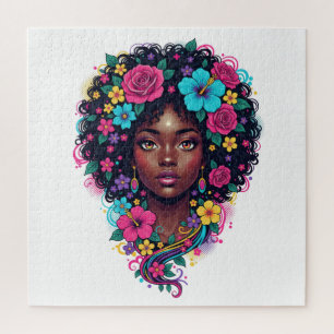 Puzzle Femme noire profonde avec afro orné de fleurs vive