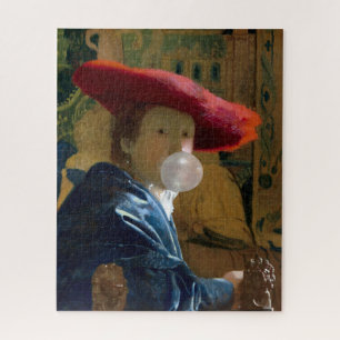 Puzzle Femme portant un chapeau rouge soufflant un chewin