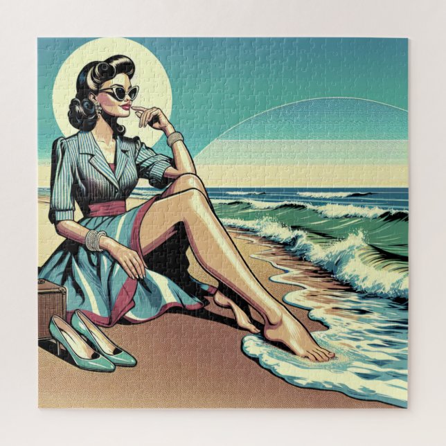 Puzzle Femme rétro des années 1950 assise sur la plage (Vertical)