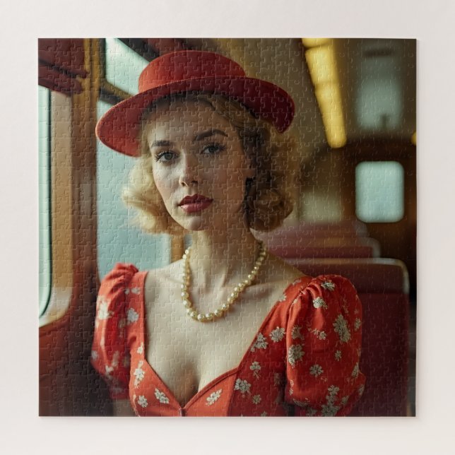 Puzzle Femme rétro vintage dans un train (Vertical)