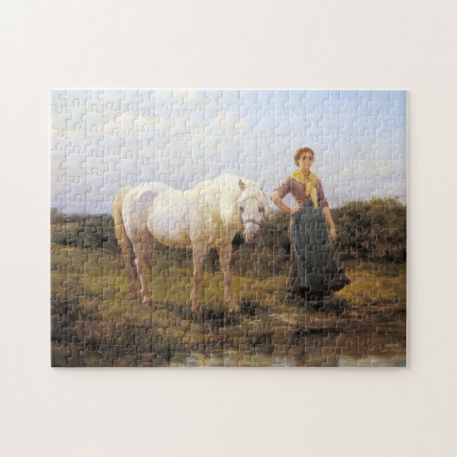 Puzzle Femme rurale prenant un cheval blanc à l'eau (Horizontal)