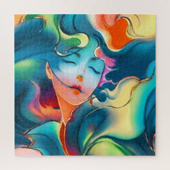 Puzzle Femme sereine rêveuse dans des tons bleus (Vertical)