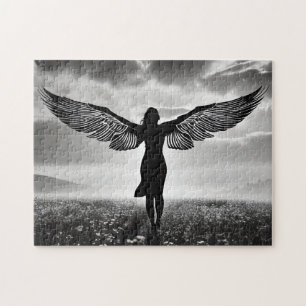Puzzle Femme Silhouette avec ailes Angel en noir et blanc