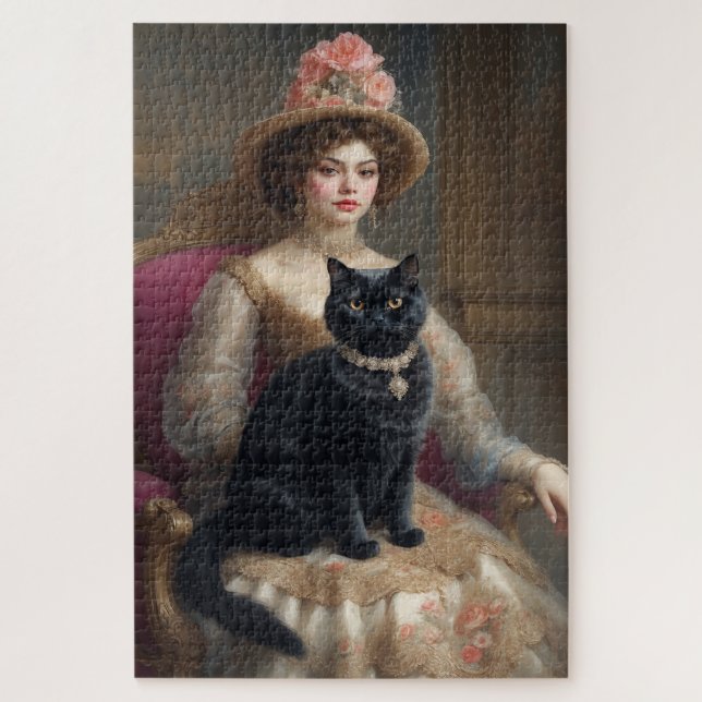 Puzzle Femme victorienne avec chat noir (Vertical)