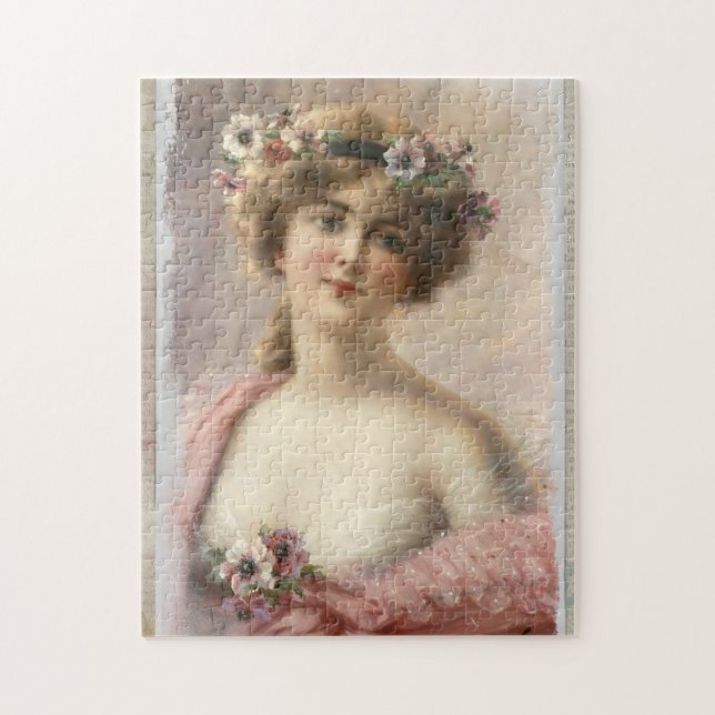 Puzzle Femme victorienne en détresse avec fleurs sur aqua (Vertical)