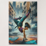 Puzzle Femmes en action de Breakdancer Silhouette de New<br><div class="desc">Le design montre une scène animée dans laquelle une danseuse de break se produit en pleine balançoire dans la rue. Le personnage principal,  la danseuse de rupture,  est au milieu d'un puissant support à main.</div>