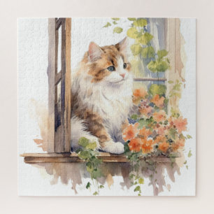 Puzzle Ferme de chats duveteux peinture florale orange à