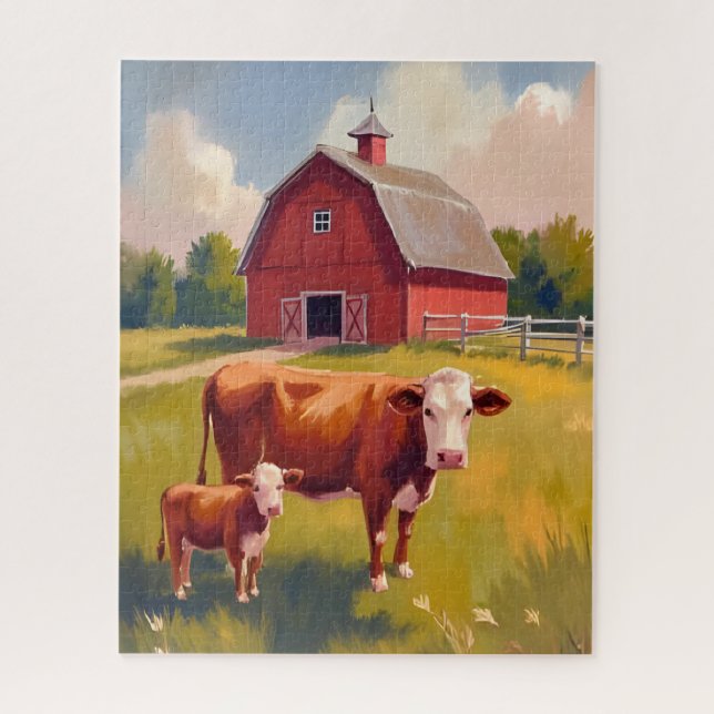 Puzzle Ferme de la grange rouge animaux vache peinture (Vertical)