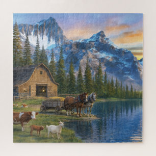 Puzzle Ferme de montagne au coucher du soleil, scène rura